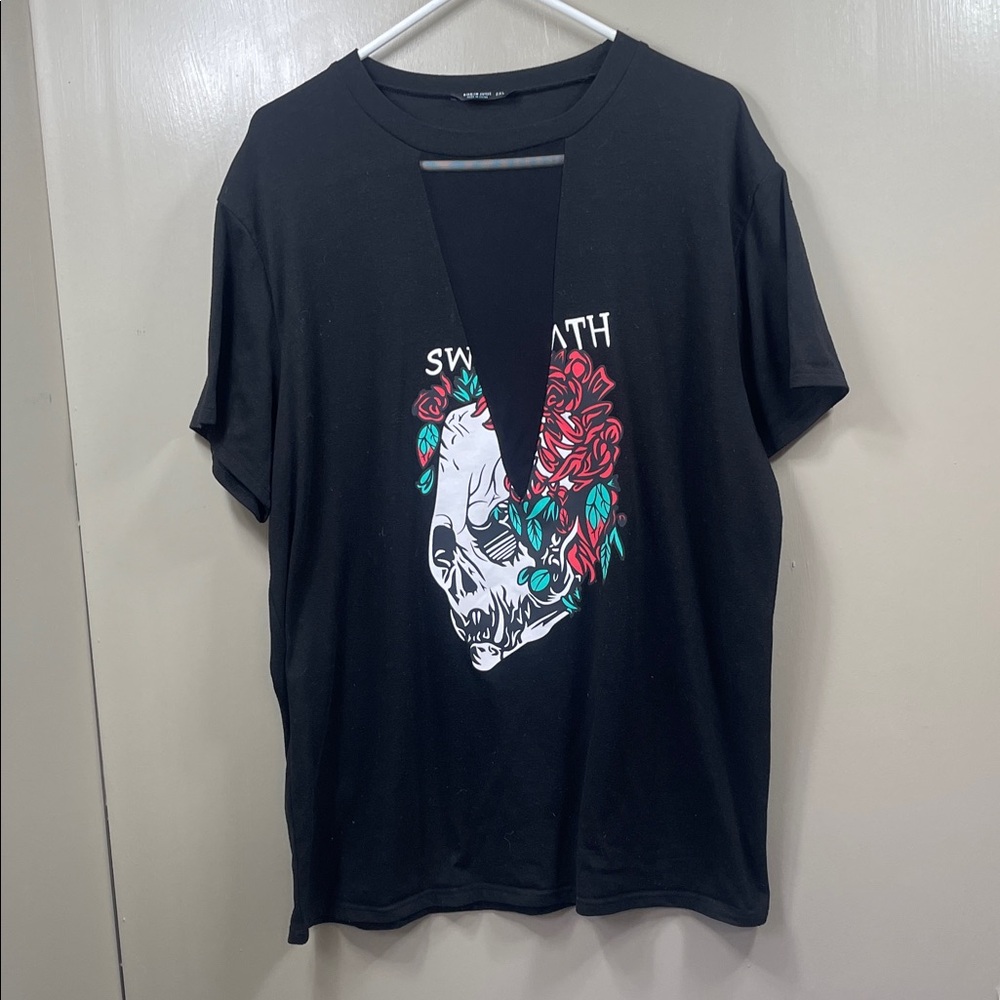 Goth Punk Skull Rose Mesh V-Neck Cutout Tee Plus Size